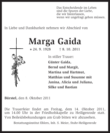 Traueranzeige von Marga Gaida von KREISZEITUNG SYKE