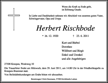 Traueranzeige von Herbert Rischbode von KREISZEITUNG SYKE