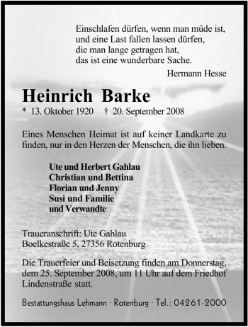 Traueranzeige von Heinrich Barkel von KREISZEITUNG SYKE