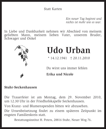 Traueranzeige von Udo Urban von KREISZEITUNG SYKE