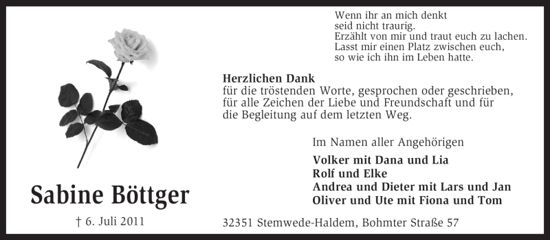  Traueranzeige für Sabine Böttger vom 31.08.2011 aus KREISZEITUNG SYKE