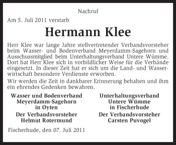 Traueranzeige von Hermann Klee von KREISZEITUNG SYKE