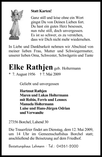 Traueranzeige von Elke Rathjen von KREISZEITUNG SYKE