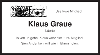 Traueranzeige von Klaus Graue von KREISZEITUNG SYKE