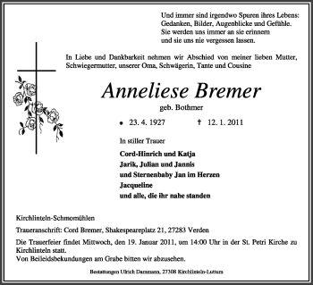 Traueranzeige von Anneliese Bremer von KREISZEITUNG SYKE