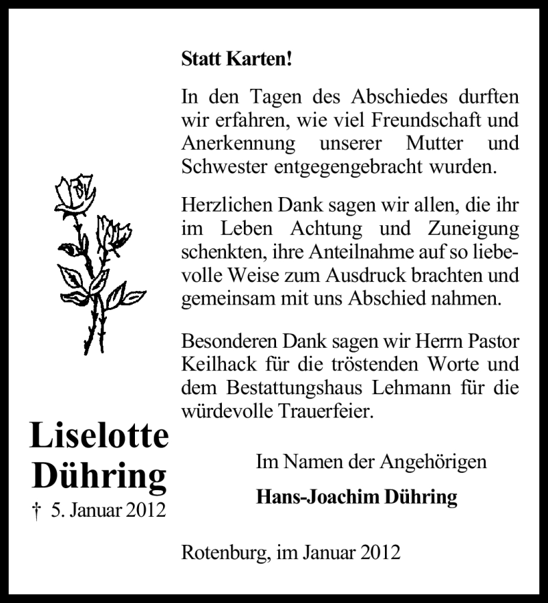  Traueranzeige für Liselotte Dühring vom 28.01.2012 aus KREISZEITUNG SYKE