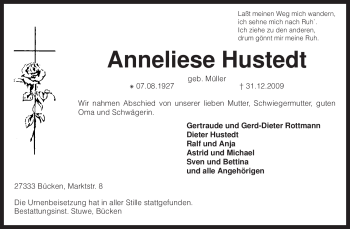 Traueranzeige von Anneliese Hustedt von KREISZEITUNG SYKE