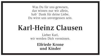 Traueranzeige von Karl-Heinz Clausen von KREISZEITUNG SYKE