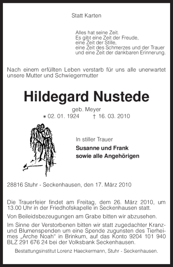 Traueranzeige von Hildegard Nustede von KREISZEITUNG SYKE