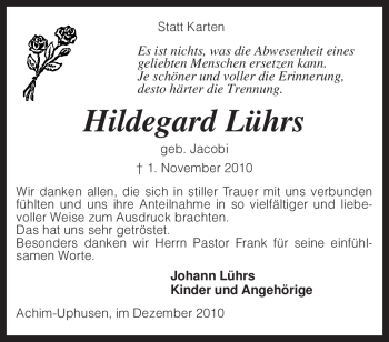 Traueranzeige von Hildegard Lührs von KREISZEITUNG SYKE