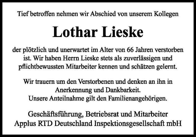  Traueranzeige für Lothar Lieske vom 27.04.2011 aus KREISZEITUNG SYKE