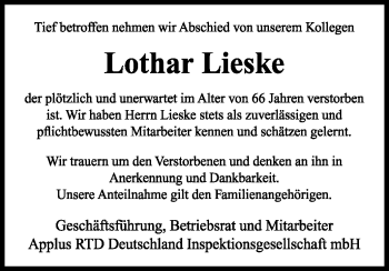 Traueranzeige von Lothar Lieske von KREISZEITUNG SYKE