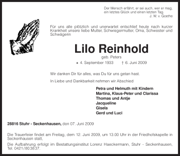 Traueranzeige von Lilo Reinhold von KREISZEITUNG SYKE