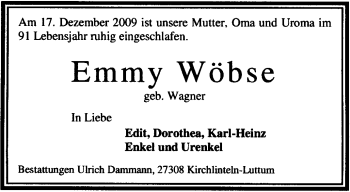 Traueranzeige von Emmy Wöbse von KREISZEITUNG SYKE