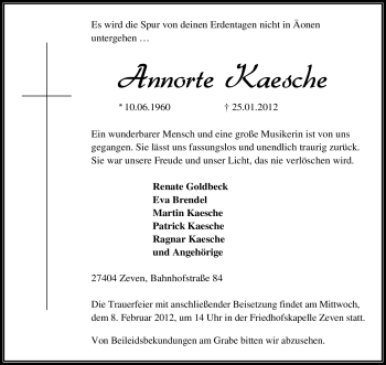 Traueranzeige von Annorte Kaesche von KREISZEITUNG SYKE