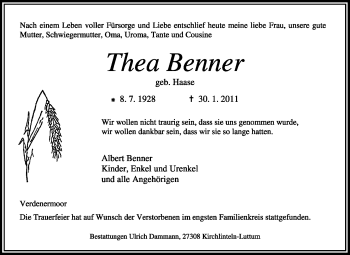 Traueranzeige von Thea Benner von KREISZEITUNG SYKE