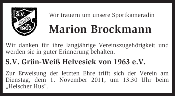 Traueranzeige von Marion Brockmann von KREISZEITUNG SYKE