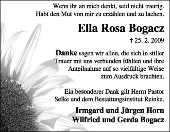 Traueranzeige von Ella Rosa Bogacz von KREISZEITUNG SYKE