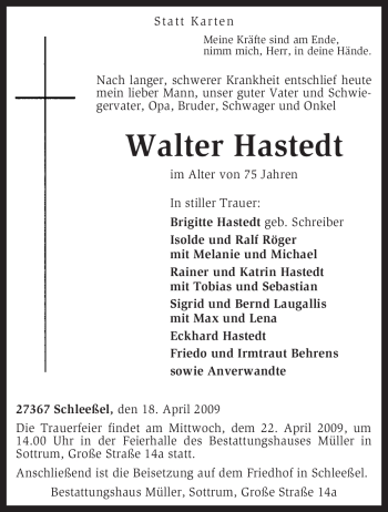 Traueranzeige von Walter Hastedt von KREISZEITUNG SYKE