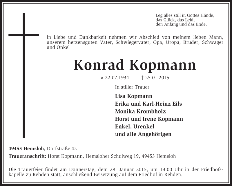  Traueranzeige für Konrad Kopmann vom 27.01.2015 aus KRZ