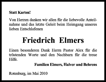 Traueranzeige von Friedrich Elmers von KREISZEITUNG SYKE