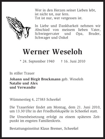 Traueranzeige von Werner Weseloh von KREISZEITUNG SYKE