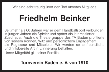 Traueranzeige von Friedhelm Beinker von KREISZEITUNG SYKE