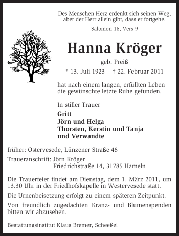 Traueranzeige von Hanna Kröger von KREISZEITUNG SYKE