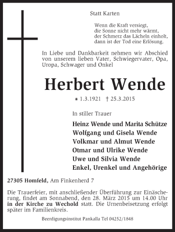 Traueranzeige von Herbert Wende von KRZ