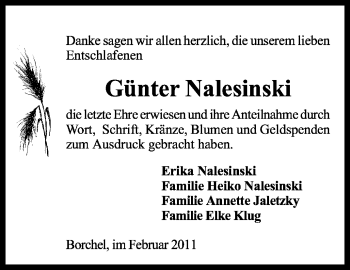 Traueranzeige von Günter Nalesinski von KREISZEITUNG SYKE