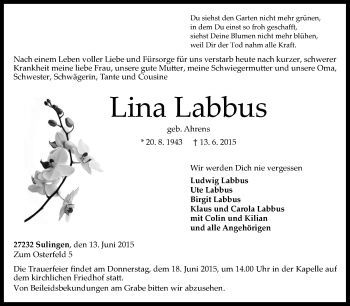 Traueranzeige von Lina Labbus von KRZ