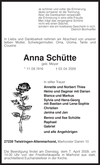 Traueranzeige von Anna Schütte von KREISZEITUNG SYKE