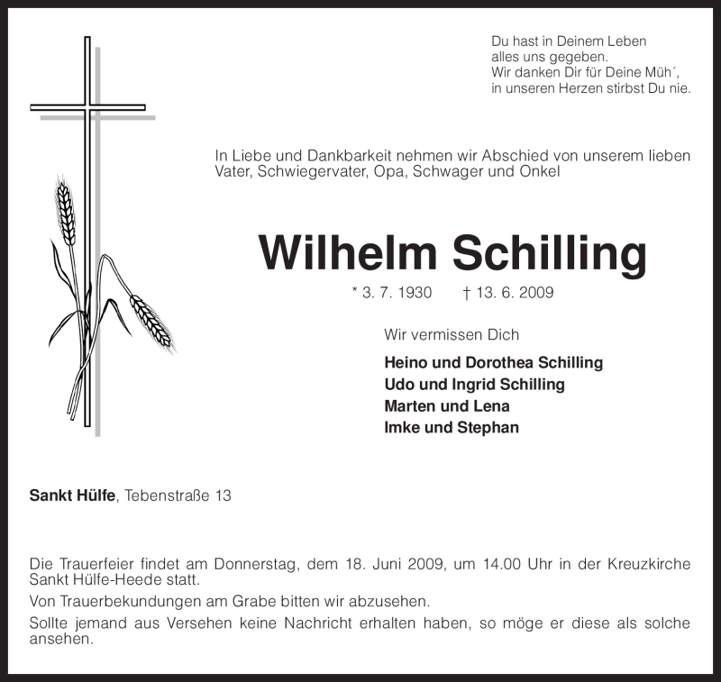  Traueranzeige für Wilhelm Schilling vom 15.06.2009 aus KREISZEITUNG SYKE