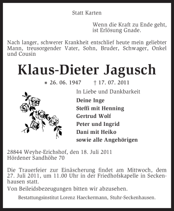 Traueranzeige von Klaus-Dieter Jagusch von KREISZEITUNG SYKE