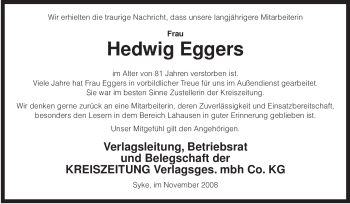 Traueranzeige von Hedwig Eggers von KREISZEITUNG SYKE