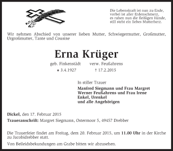 Traueranzeige von Erna Krüger von KRZ