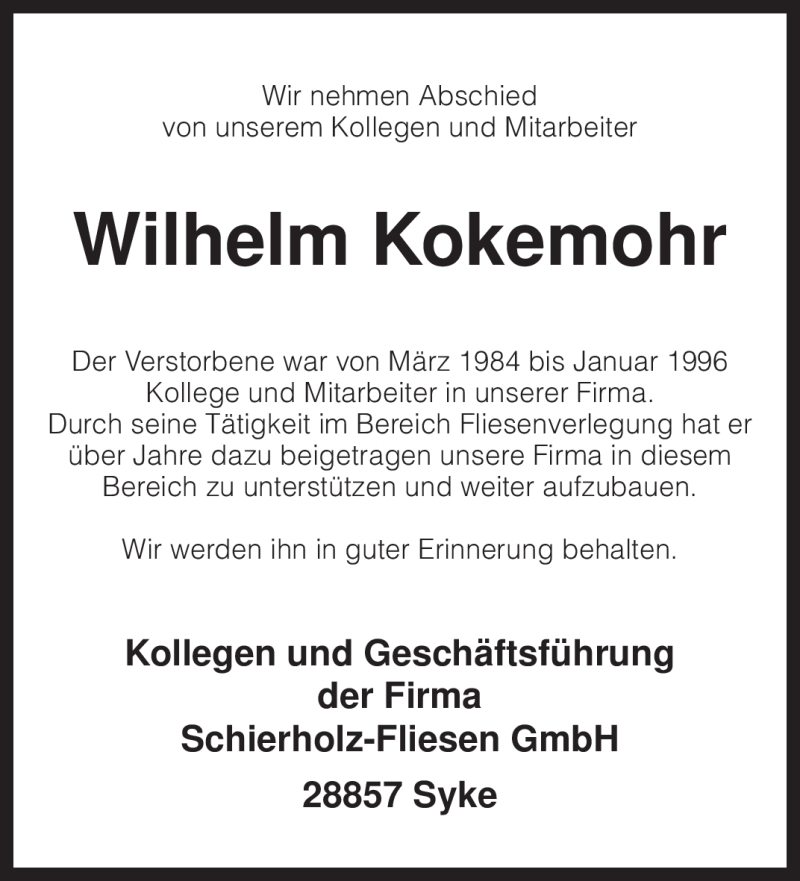  Traueranzeige für Wilhelm Kokemohr vom 10.02.2010 aus KREISZEITUNG SYKE