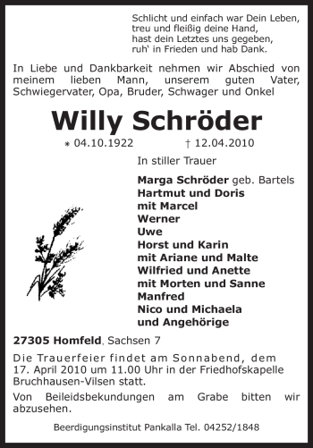 Traueranzeige von Willy Schröder von KREISZEITUNG SYKE