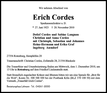 Traueranzeige von Erich Cordes von KREISZEITUNG SYKE