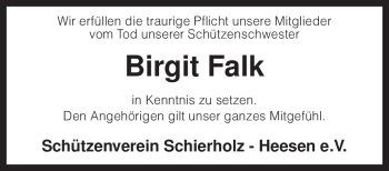 Traueranzeige von Birgit Falk von KREISZEITUNG SYKE