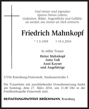 Traueranzeige von Friedrich Mahnkopf von KREISZEITUNG SYKE