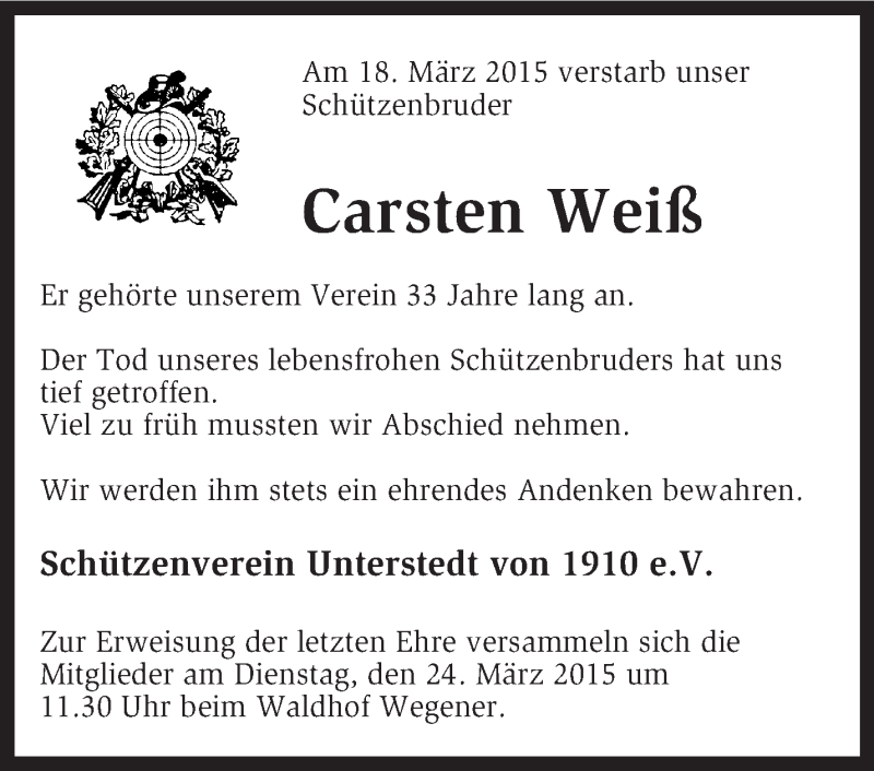  Traueranzeige für Carsten Weiß vom 21.03.2015 aus KRZ