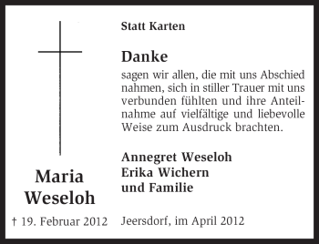 Traueranzeige von Maria Weseloh von KREISZEITUNG SYKE