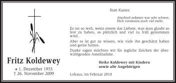 Traueranzeige von Fritz Koldewey von KREISZEITUNG SYKE