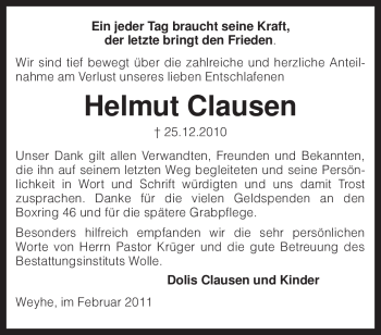 Traueranzeige von Helmut Clausen von KREISZEITUNG SYKE