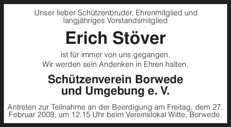  Traueranzeige für Erich Stöver vom 25.02.2009 aus KREISZEITUNG SYKE