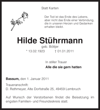 Traueranzeige von Hilde Stührmann von KREISZEITUNG SYKE