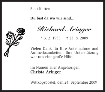 Traueranzeige von Richard Aringer von KREISZEITUNG SYKE