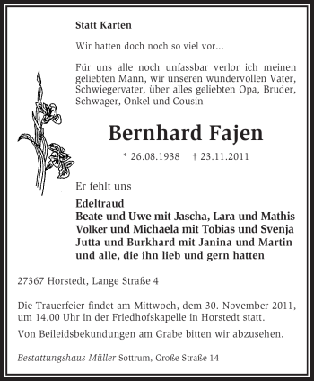 Traueranzeige von Bernhard Fajen von KREISZEITUNG SYKE