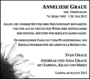 Traueranzeige von Anneliese Graue von KREISZEITUNG SYKE